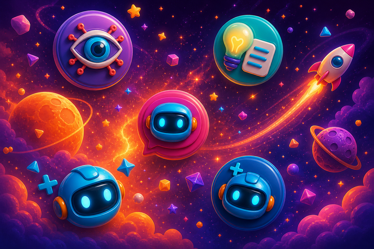 Bunte Weltraumillustration mit KI-Symbolen, Robotern, Rakete und Planeten für den fiCMS-Copilot-Test.
